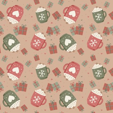 seamless pattern with sweets cocoa milk chocolate and presents on light brown background 