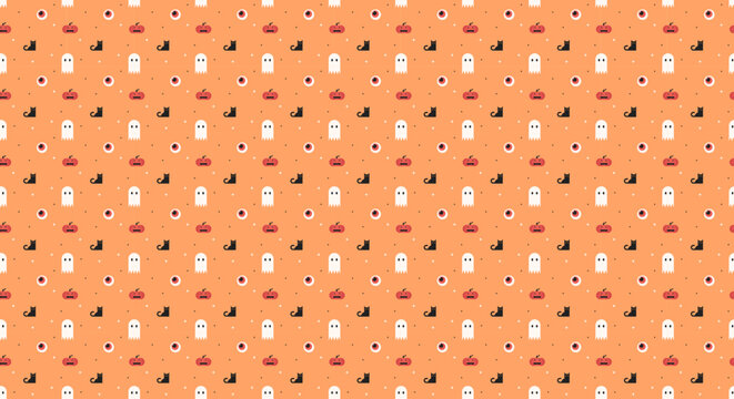 Cute Halloween seamless pattern with ghost, pumpkin, black cat, and eyeball on orange background