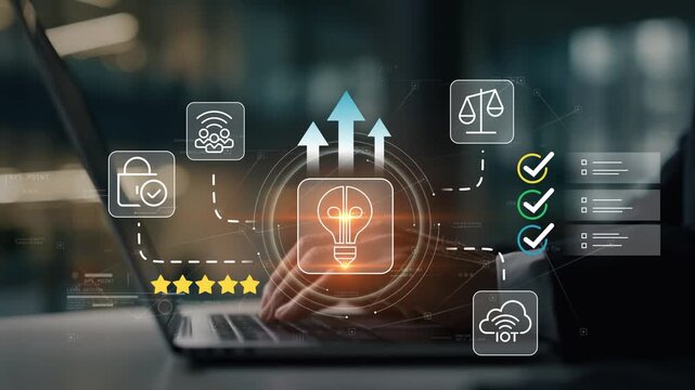 Businessman in modern office using innovation performance analytics with animated light bulb icon, business growth metrics, strategic development, operational excellence and digital transformation