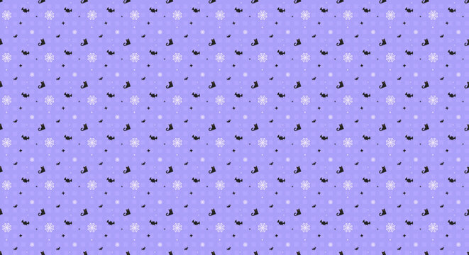 Pastel purple Halloween seamless pattern with black cat, bat, and spiderweb on gingham background