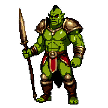 Green Orc Lancer Spear Warrior Pixel Art Illustration