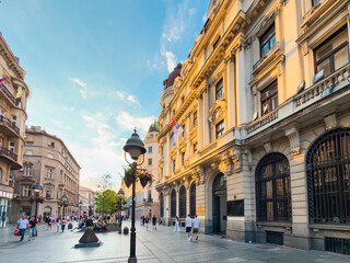Fototapeta premium Pedestrians exploring historic Knez Mihailova Street in central Belgrade