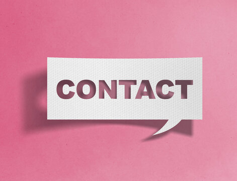 Paper speech bubble with contact text cutout on pink background, customer communication concept