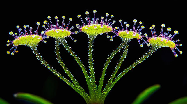 Macro photography of carnivorous sundew plant tentacles glowing with sticky digestive droplets against a black background