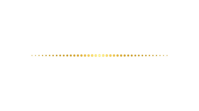 Golden dotted line separator on white background, elegant gold gradient divider, luxury decorative border for wedding invitations and premium stationery