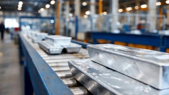 Metal ingots move along a conveyor belt in a large industrial factory for processing and transport.
