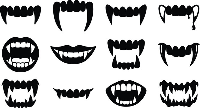 Collection of scary vampire fangs and monster mouths for halloween party decorations and spooky costume design elements