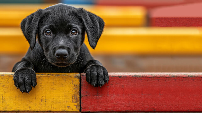 This close-up shot shows a young black Labrador puppy resting its front paws on the edge of adjacent red and yellow planks, with softly blurred colorful planks in the background, presenting a gentle