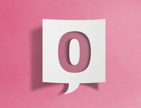 Paper speech bubble with number zero cutout on pink background, counting and numeric concept