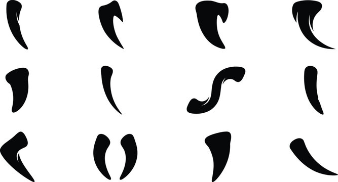 Collection of sharp monster claws and animal fangs for scary halloween design projects and spooky graphic elements