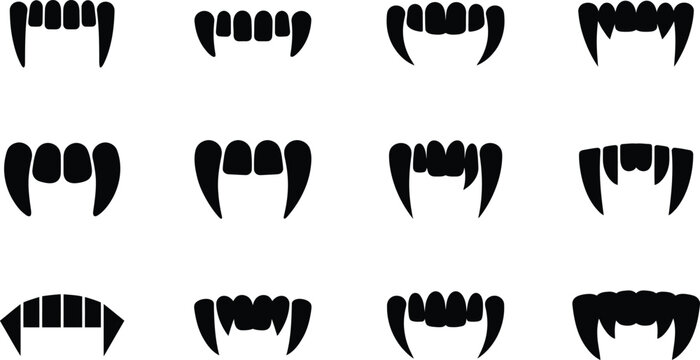 Collection of various vampire fangs and sharp teeth silhouettes for spooky halloween costume designs and graphic projects