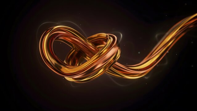 Abstract 3d render of golden metallic flowing ribbons, twisted lines, and glowing particles on a dark background