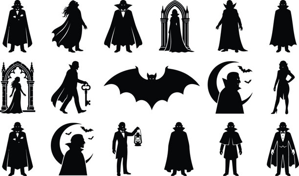 Set of halloween silhouettes featuring vampires gothic figures bats and mysterious characters for spooky holiday design projects