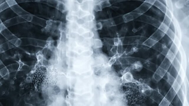 Medical chest x-ray scan showing human ribs and spine