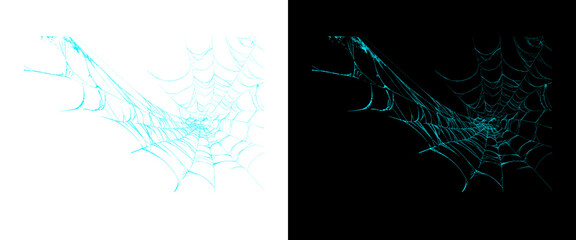 Glowing cyan spider web set, neon blue cobweb design elements on black and white backgrounds, ethereal digital spiderweb graphics for Halloween © Mehnaz