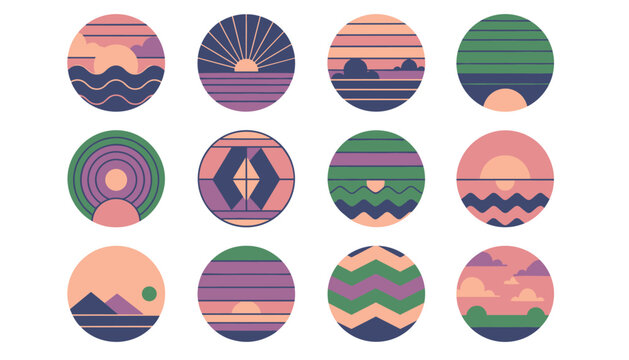 Twelve geometric retro sunset circles featuring stylized landscape elements like waves suns and mountains in pastel tones.
