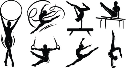 Artistic and Rhythmic Gymnastics Silhouette Vector Illustration Set Featuring Diverse Athletes in Action Poses © Munnat