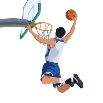 Professional basketball player performing a slam dunk into the hoop vector illustration