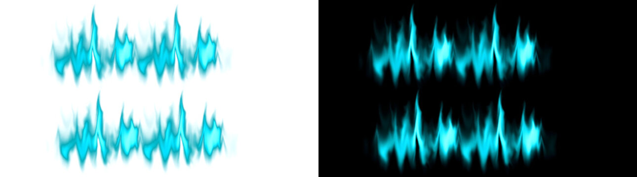Flame shaped cyan fire border row with glowing blue flames ideal for effects in PNG, Transparent and Black Background Versions