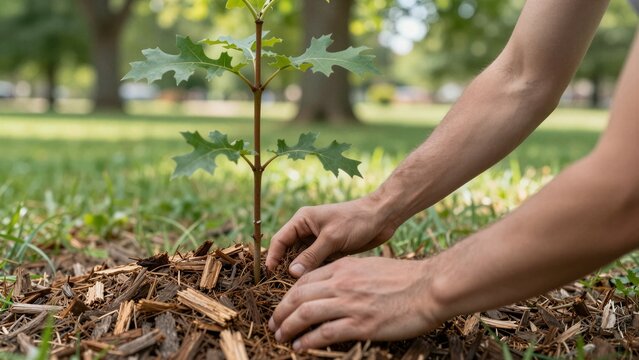 A person's hands gently arrange wood chip mulch around the base of a newly planted oak sapling in a grassy outdoor setting.