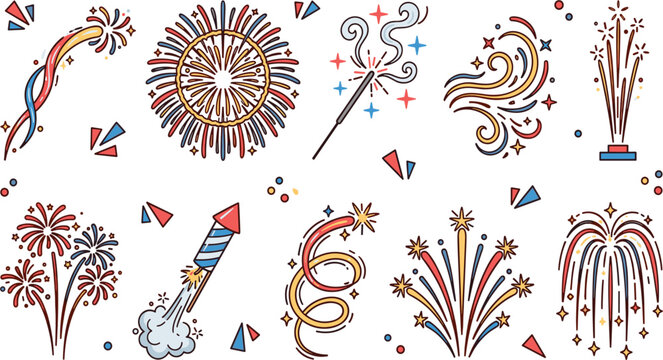 Cute Cartoon Celebration Fireworks and Rocket Icon Sticker Set with Sparklers Confetti and Bursting Pyro Elements for New Year and Independence Day Graphic Designs