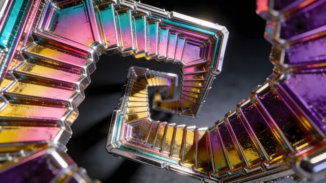 Macro photograph of colorful iridescent bismuth crystal with stair step geometric structures suitable for geology textbooks scientific materials and abstract wallpaper prints.