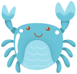 Cute blue cartoon crab raising claws with cheerful smile in ocean concept