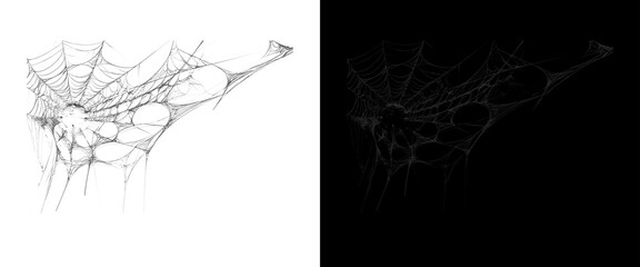 Spooky spider web texture on white and black backgrounds, realistic cobweb overlay for Halloween design, intricate silk spiderweb pattern © Mehnaz