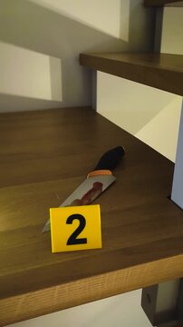 Forensic evidence marker number two sitting next to a bloody kitchen knife murder weapon on wooden stairs inside a home, showing a detailed view of a violent crime scene investigation