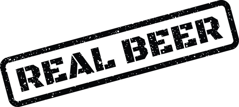 Real beer grunge rubber stamp seal with distressed texture in a bold rectangular frame design