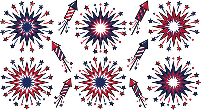 Patriotic Fourth of July Fireworks and Rocket Sticker Set in Red White and Blue Colors for Independence Day Celebration Graphic Designs