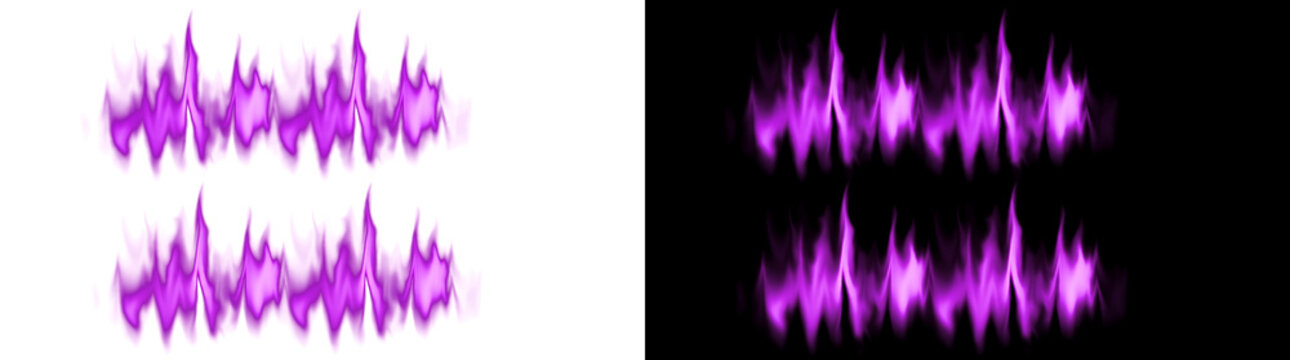 Flame shaped purple fire border row with glowing flames ideal for effects in PNG, Transparent and Black Background Versions