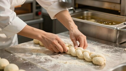 Fototapeta premium A skilled baker intricately braids soft yeast dough into a traditional challah loaf, dusted with flour on a professional kitchen's metallic surface.