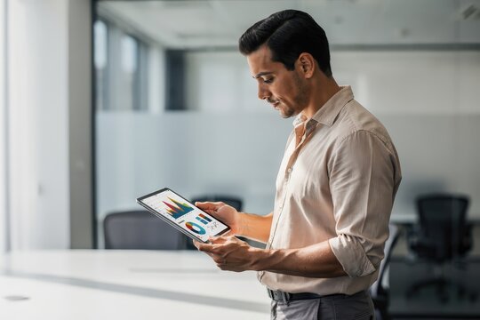 Focused Businessman Analyzing Data on Digital Tablet in Modern Office Setting, Bright Natural Light Streaming Through Windows, Graphs and Charts Displayed, Capturing Professionalism and Concentration