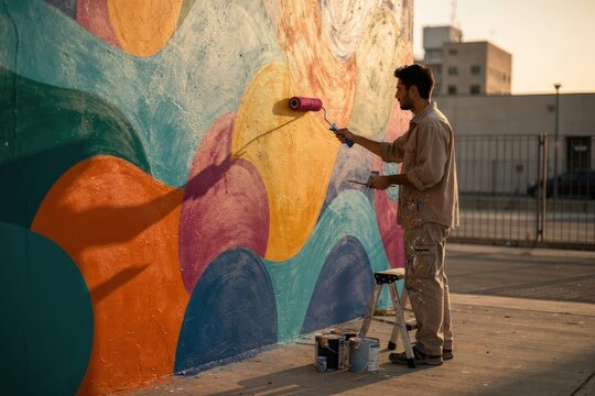 Talented Street Artist Creating Vibrant Mural on Urban Wall in Sunlit Cityscape, Warm Golden Hour Light, Paint Cans and Ladder Nearby, Dynamic Colors and Flowing Patterns, Capturing Creative