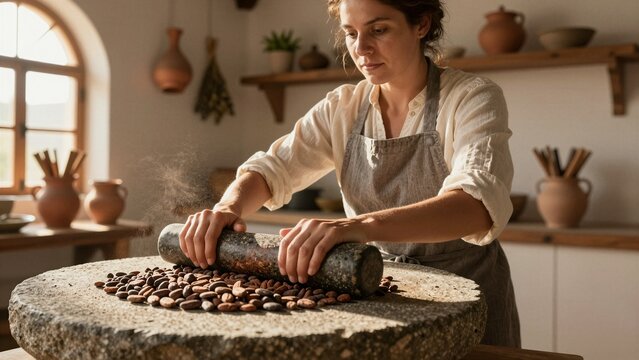 A focused woman grinds roasted cocoa beans using a traditional stone metate in a rustic, sunlit kitchen setting.