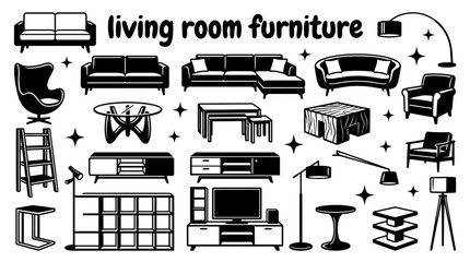 living room furniture featuring sofas armchairs coffee tables television stands bookshelves side tables floor lamps vector illustration set collection for interior design home furnishing © samira