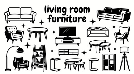 living room furniture featuring sofas armchairs coffee tables television stands bookshelves side tables floor lamps vector illustration set collection for interior design home furnishing © samira