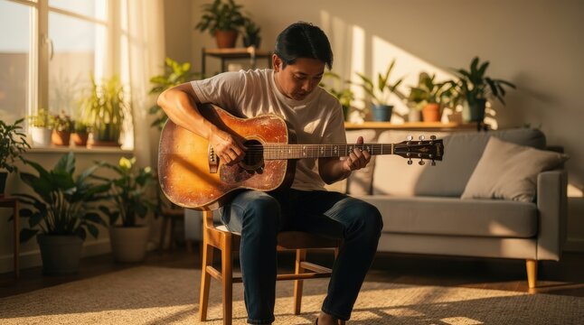Young Man Playing Acoustic Guitar in Sunlit Living Room, Warm Afternoon Light, Surrounded by Lush Houseplants, Earthy Tones and Cozy Atmosphere, Capturing Relaxed Creativity and Serenity