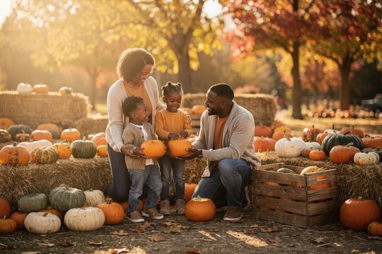 Happy Family Enjoying Autumn Day at Pumpkin Patch, Warm Sunlight Creating a Golden Glow, Surrounded by Vibrant Fall Foliage and Colorful Pumpkins, Capturing Joyful Family Bonding Moments