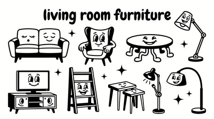 Funny living room furniture featuring sofas armchairs coffee tables television stands bookshelves side tables floor lamps vector illustration set collection for interior design home furnishing © samira