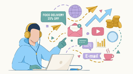 Naklejka premium Digital business concept with person working on laptop, surrounded by online service icons