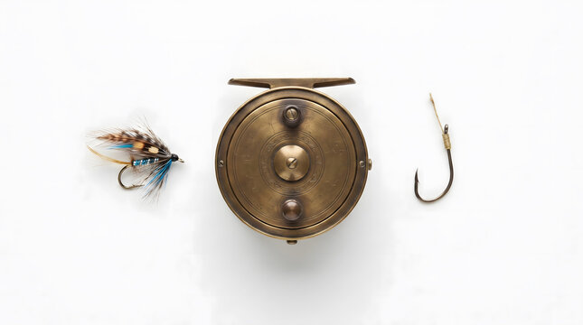 Antique fishing reel with lure and hook