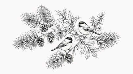Vintage hand drawn winter birds on pine branch vector, black and white chickadee sketch with holly leaves and pinecones, botanical holiday illustration © sohail