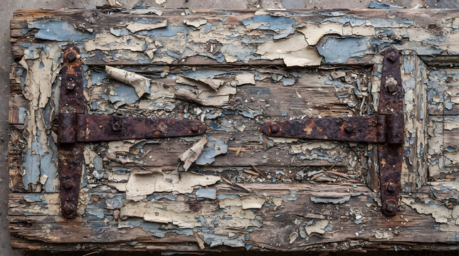 Rusted hinges on peeling painted wood