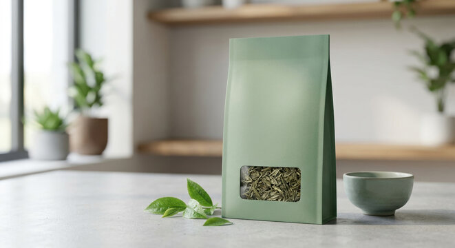 Blank green paper pouch packaging mockup for tea with window on kitchen counter with leaves and cup