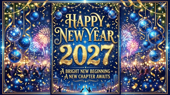 Festive happy new year 2027 background with blue and gold decorations, fireworks, and celebrating crowd.