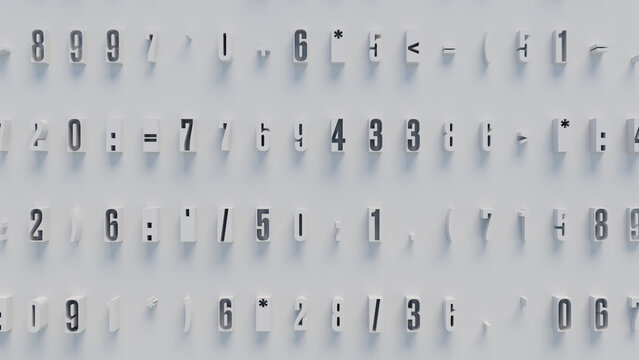 3D White Numbers and Mathematical Symbols in Grid Formation with Varied Sizes and Orientations on Neutral Background for Education, Data Analysis, and Creative Design Applications