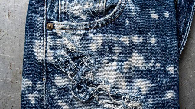 Distressed blue denim jeans close-up