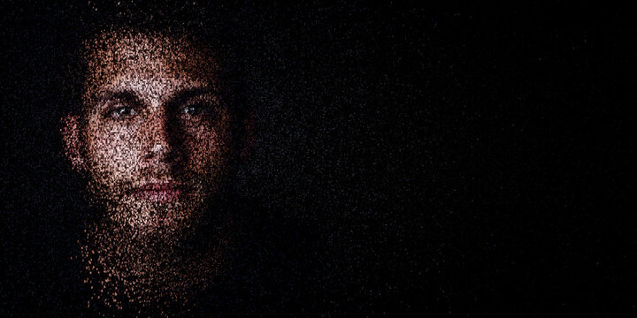 Digital ID Portrait of Man with Face made up of Computer code. Liveness detection Concept with copy-space.